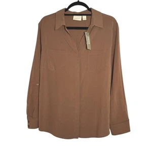 CHICO'S Modal Blend Roll Tab Sleeves Button Front Shirt Size 2 L 12/14 Brown - Picture 1 of 10