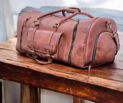 Bolsa de couro viagem genuína fim de semana viagem durante a noite grande bagagem de ginástica vintage - Imagem 1 de 4