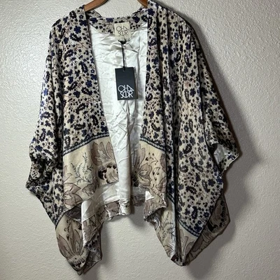 CHASER Tan Blue Burgundy Floral Velvet NWT Silk Kimono Cardigan XXS Oversized - Image 1 of 4