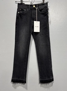 DL1961 Kids Emie Straight High Rise Jeans Tornado Raw Hem Girls 7 Denim Black - Picture 1 of 15