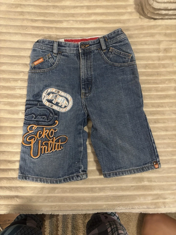 Pantalones cortos de mezclilla bordados vintage Y2K Ecko Unlimited para niños - azul y naranja talla 6 Foto 1 de 3