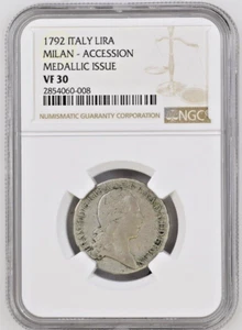 1792 ITALY Milan Lira Silver Coin Accession Medallic Issue Francesco II NGC VF30 - Picture 1 of 4