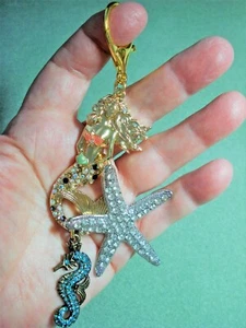 5 1/2" Rhinestone Gold Mermaid, Starfish, Aqua Seahorse Key Ring Purse Glitz #2 - Picture 1 of 7