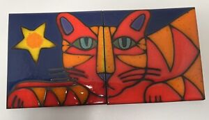 Cat face painted terracotta tiles (2 peice)