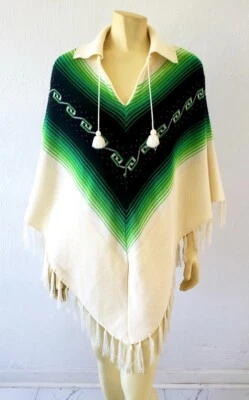 OFERTA suéter de punto poncho vintage años 70 borlas a rayas verde marfil Foto 1 de 4