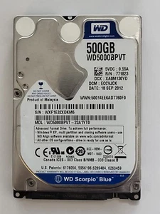 WD500BPVT-22A1YT0, DCM:ECCVJCK, 18 SEP 2012, Western Digital 500Gb 2.5" Sata HDD - Picture 1 of 2