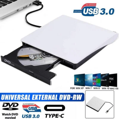 US Slim For Laptop External CD DVD RW Drive USB 3.0 Writer Burner Player White. - Image 1 of 4