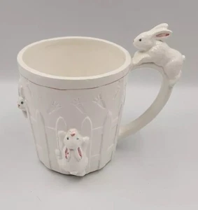 Vintage Rabbits & Fence Coffee Cup Mug w 3D Carrot in Bottom Ceramic Taiwan 12oz - Picture 1 of 6