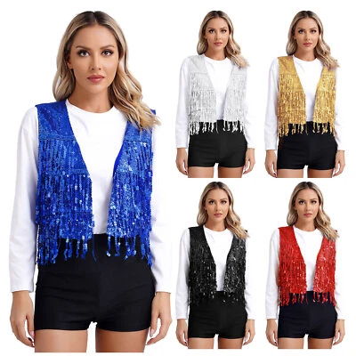 Womens Sequin Fringe Vest Sparkly Open Front Waistcoat Vest Coat Party Prom - Image 1 of 3