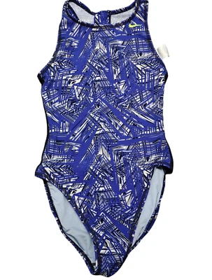 Maiô Nike feminino tamanho 4 peça única azul zíper malha traseira painéis laterais e traseiros - Imagem 1 de 4