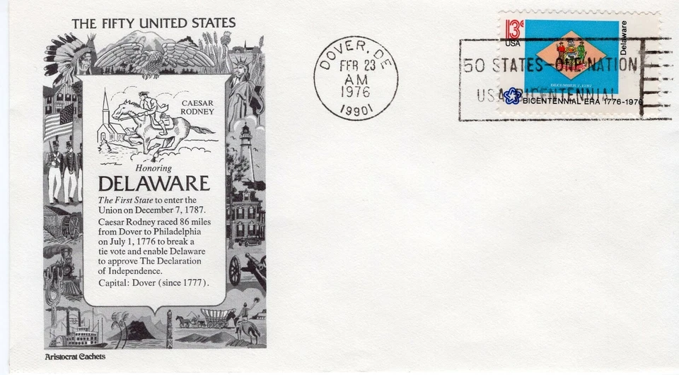 USPS FDC #1633 1976 13c Delaware State Flags Issue Aristocrat Cachet ST2128 - Image 1 of 2