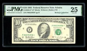 DBR 1995 $10 FRN Atlanta STAR Fr. 2032-F* PMG 25 Serial F00234936* - Picture 1 of 2