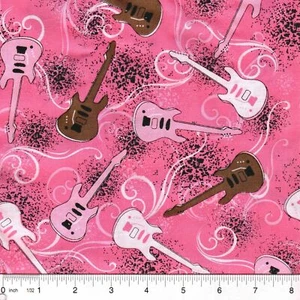 Rock On Electric Guitar Pink 100% Cotton Fabric BTY - Picture 1 of 1