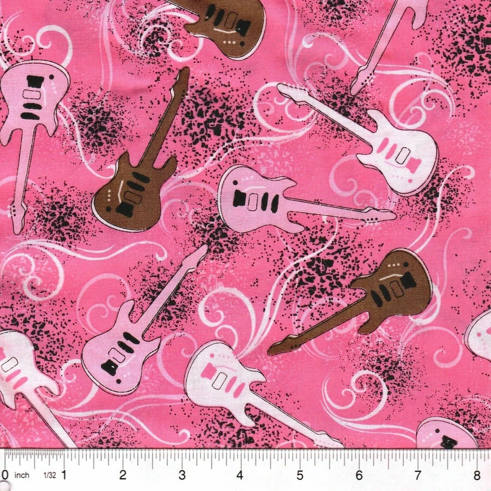 Rock On Electric Guitar Pink 100% Cotton Fabric BTY - Image 1 of 1