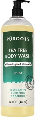 PUROOTS All Natural Tea Tree Mint Body Wash with Collagen and Stem Cells 16oz (Pack of 2