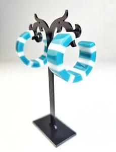 Sobral Rare Retired Listrada Aqua Blue & White Stripes Hoop Artist Made Earrings - Picture 1 of 6
