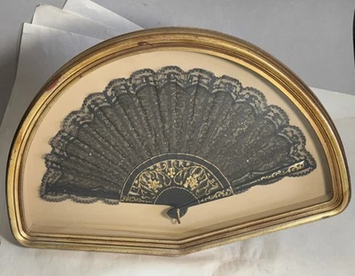 Spanish BLACK LACE FAN w/Gold painted Cut-out Sticks in Deep Shadowbox Frame - Image 1 of 4