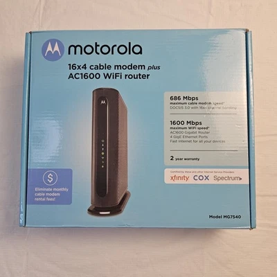 MOTOROLA MG7540 16x4 Cable Modem Plus AC1600 Dual Band Wi-Fi Gigabit Router - Image 1 of 4