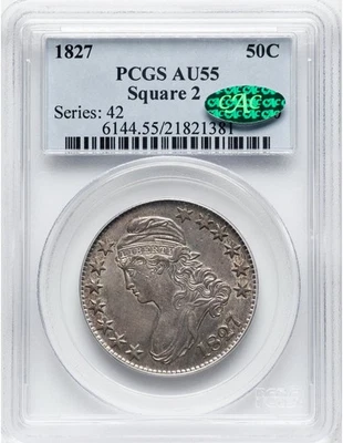 1827 PCGS/CAC AU55 Capped Bust Half 50c Square 2 O-126, Scarce, Allgood PQ CAC! - Image 1 of 4