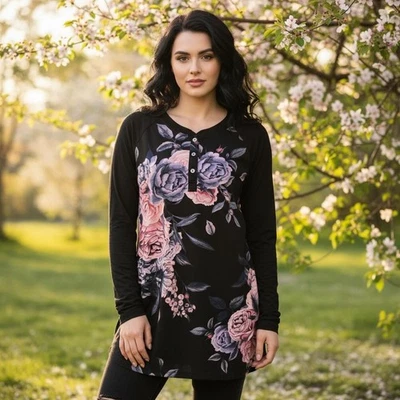 Lularoe Mark Henley Small Black Pink Purple Floral Shirt - Image 1 of 4