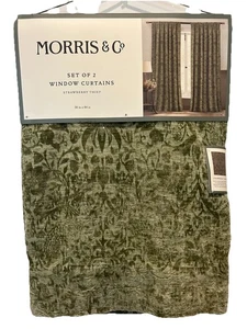 Morris and Co Strawberry thief set/2 window curtains 38x84 Green Jacquard Velvet - Picture 1 of 7