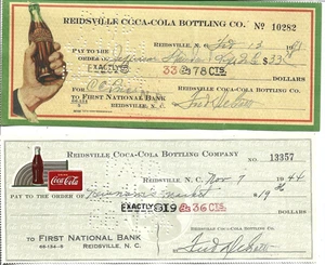 REIDSVILLE COCA-COLA BOTTLING CO. CHECKS 2 DIFFERENT DESIGNS - Picture 1 of 1