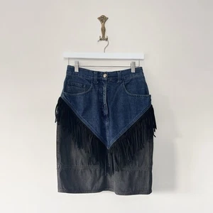 Moschino Jeans Vintage Denim Skirt W27 UK S Tassel Fringe Colourblock Festival - Picture 1 of 9