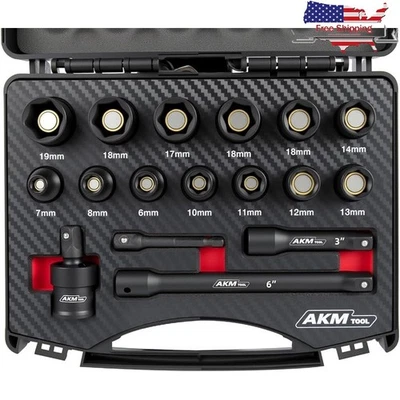 3/8 Inch Magnetic Impact Socket Set 13 PCS Metric Extension Bars Universal Joint - Image 1 of 4