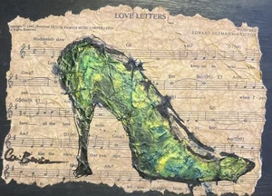 Artwork High Heel Shoes Love Letters Sheet Music Green Mixed Media Signed - Picture 1 of 8