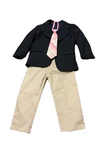 Boys Size 4 Navy Suit Jacket,Khaki Slacks,button On Suspenders And plaid Tie - Picture 1 of 10