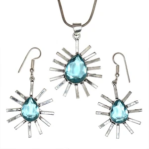 Topaz Blue Pendant Sky Earrings Set  Sterling Jewelry  Ring Earring - Picture 1 of 12