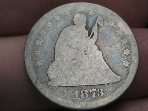 1873 Silver Seated Liberty Quarter- No Arrows, Open 3, About Good Details Cover