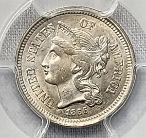 1866 Nichel tre centesimi, PCGS MS64 - Foto 1 di 3