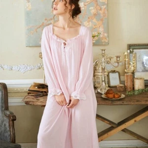Womens Lace Night Dress Retro Ruffles Sleepwear Square Neck Nightwear Long Dress - Picture 1 of 13