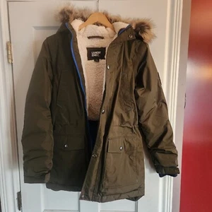 Land's End Kids Expedition Waterproof Down Parka Faux Fur Olive Coat Large 14-16 - Picture 1 of 9