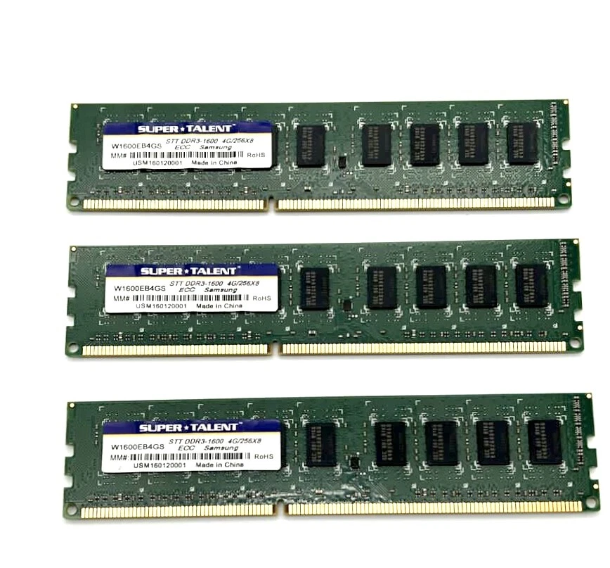 Super Talent 12GB (3x4GB) SERVER RAM PC3-12800 DDR3-1600 MHz SDRAM W1600EB4GS - Image 1 of 2
