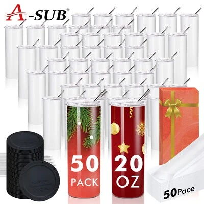 50 PK A-SUB Sublimation Tumbler 20 oz Bulk Blank Skinny + Lid Straw Coster Brush - Image 1 of 4