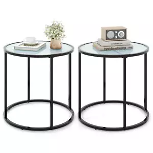 2PCS Glass End Table 20"Round Side Table w/ Metal Frame & Faux Marble Glass Top - Picture 1 of 9