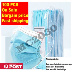 100 3PlyDisposable Face Mask Blue Adult Protective Masks Mouth Cover Filter-SALE - Picture 1 of 5