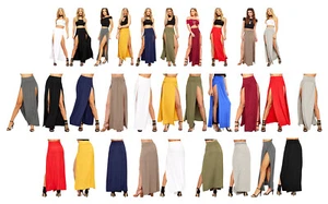 Women Ladies Double Side Slit Split Plain Black Stretchy Gypsy Maxi Long Skirt - Picture 1 of 28