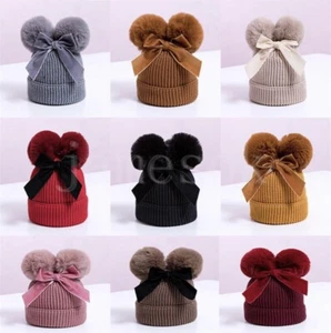Cappello berretto morbido maglia elastica spessa con orecchie pom 3-7 bambini età - Foto 1 di 3