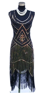 Fundaisy Roaring 20's Flapper Dress XL Black Beaded Sheath Costume Scallop Hem - Picture 1 of 6