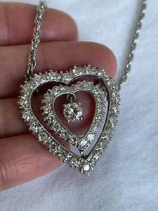 1.75Ct Vintage Mined Diamond Heart Pendant 14K White Gold"Singapore" Style Chain - Picture 1 of 3