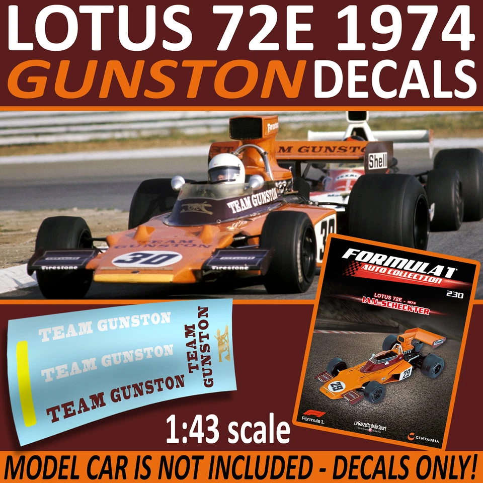 GUNSTON decals for LOTUS 72E 1974 F1 Collection Scheckter 1/43 scale  - Image 1 of 1