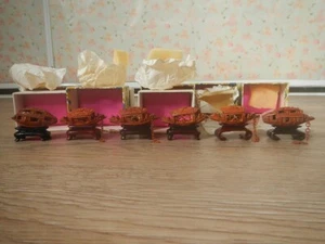 Vintage SET OF 6 w/Wood StandsFine Miniature Chinese Hediao Nut Carving of Boats - Picture 1 of 12