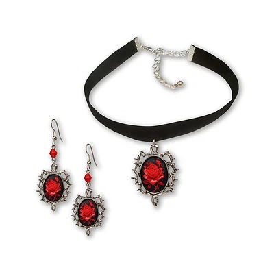 Gothic Red Rose Cameo Black Velvet Choker and Dangle Earrings Jewelry Gift Set  - Image 1 of 4