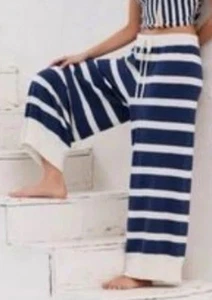 Free People Beach Damenhose S Roberta dunkelblau/elfenbein gestreift weites Bein Strick - Bild 1 von 11