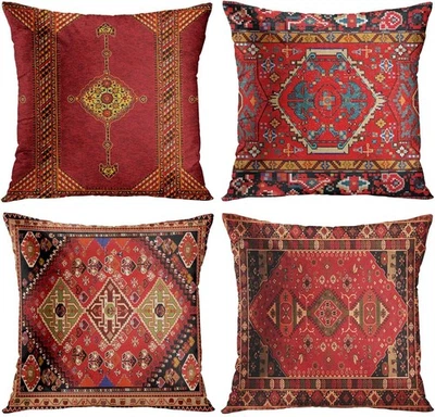 Moroccan Kilim Style Pillow Covers Set of 4 Geometric Tribal Red Boho Home Decor - Image 1 of 4