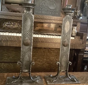 Antique IHS Church Altar Candlesticks Pair Gothic Revival Iron Religious - Picture 1 of 14