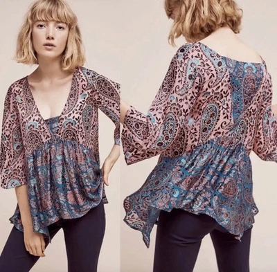 Top Floreat Anthropologie Valo Terciopelo Burnout Paisley M Mediano Babydoll Boho Foto 1 de 4